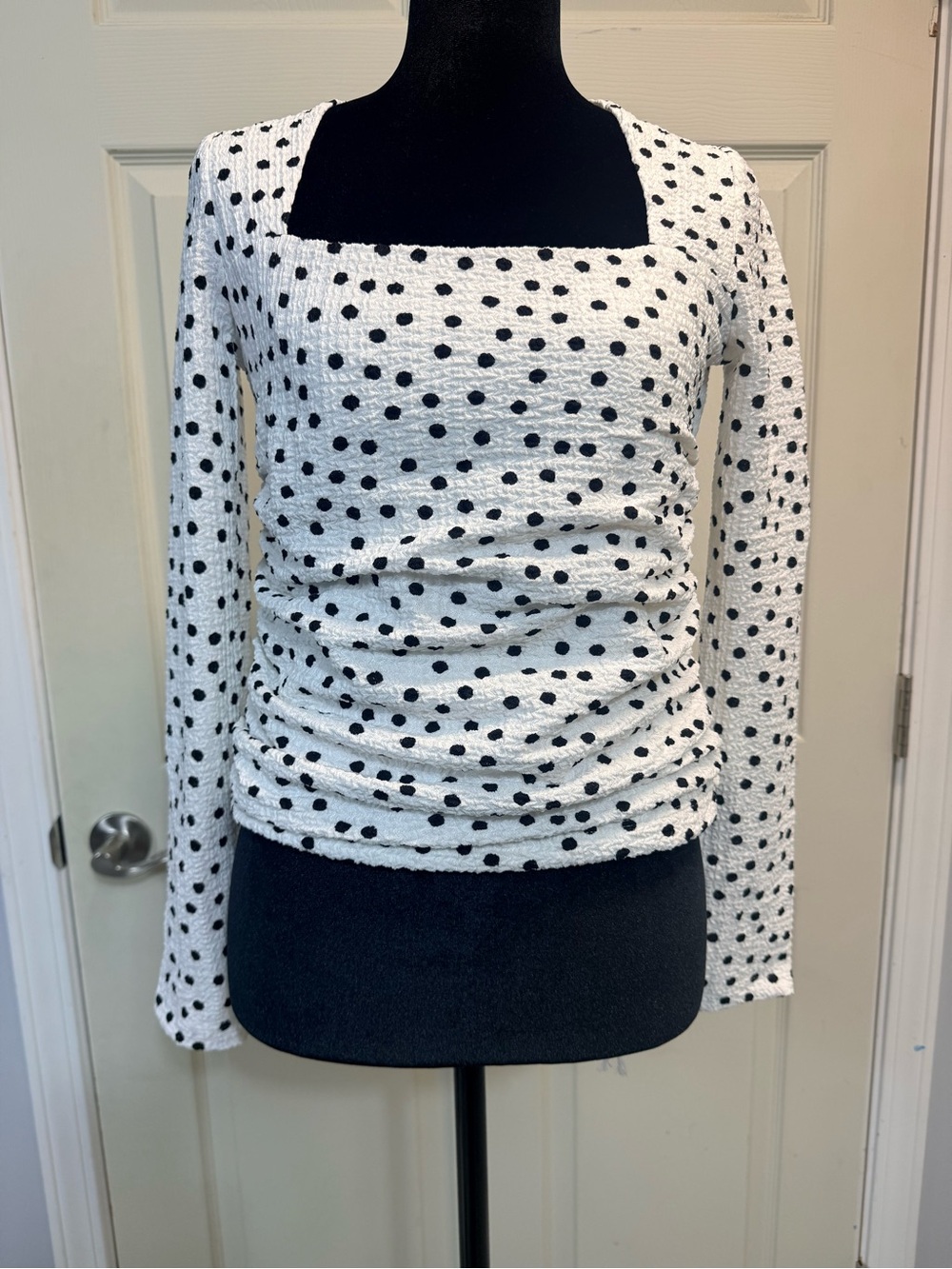 LOFT White and Black Polka Dot Square Neck Long Sleeve Top